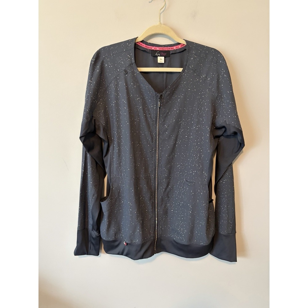 Koi Lite Women's Dobby Scrub Jacket Black Grey Sparkle Bling Pockets Size XL